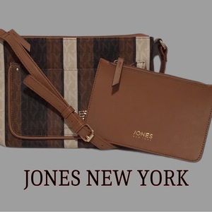 NEW Jones New York Striped‎ Logo Crossbody & Pouch, 2-Pieces, Brown/Cream/Black